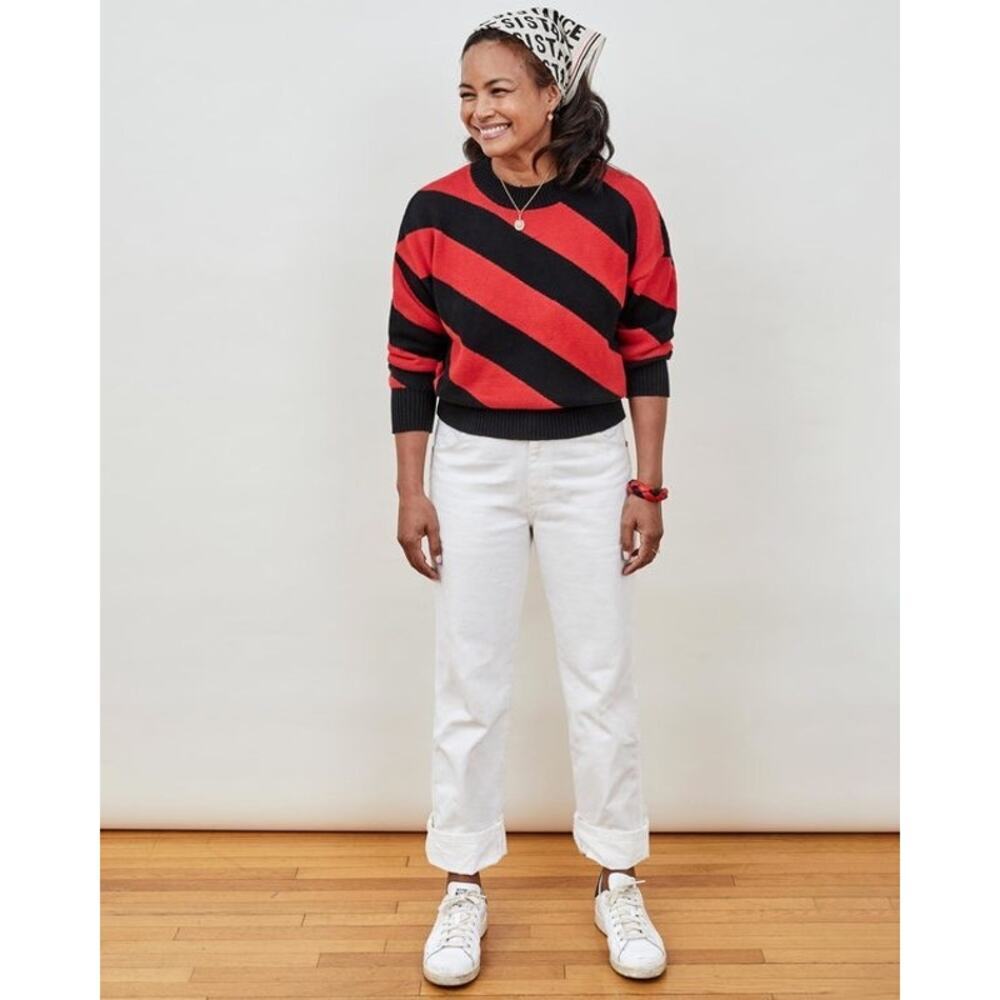 CLARE V. DROP Cotton Cashmere SHOULDER SWEATER BLACK/POPPY Stripe Size Large - Picture 3 of 8